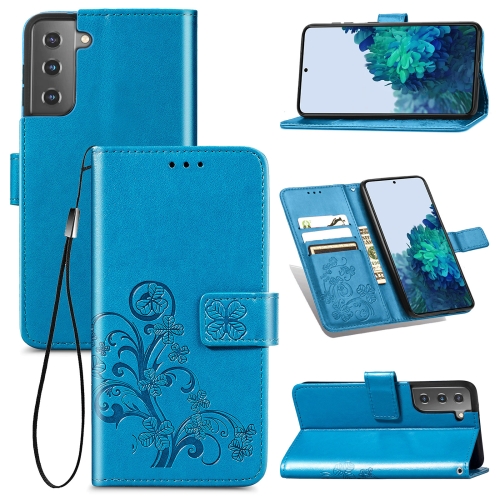 

For Samsung Galaxy S22 5G Four-leaf Clasp Embossed Leather Phone Case with Lanyard & Card Slot & Wallet & Bracket Function(Blue)