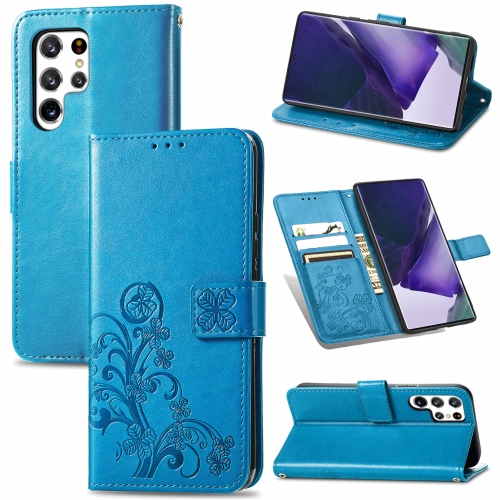 

For Samsung Galaxy S22 Ultra 5G Four-leaf Clasp Embossed Leather Phone Case with Lanyard & Card Slot & Wallet & Bracket Function(Blue)