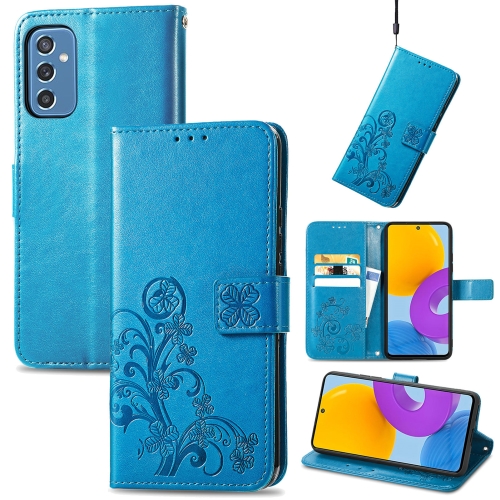 

For Samsung Galaxy M52 5G Four-leaf Clasp Embossed Leather Phone Case with Lanyard & Card Slot & Wallet & Bracket Function(Blue)