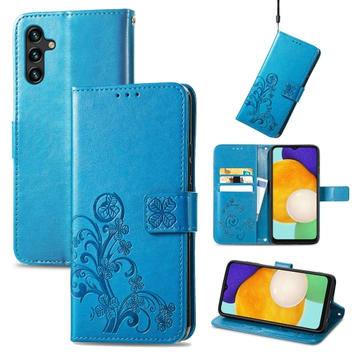 

For Samsung Galaxy A13 5G Four-leaf Clasp Embossed Leather Phone Case with Lanyard & Card Slot & Wallet & Bracket Function(Blue)