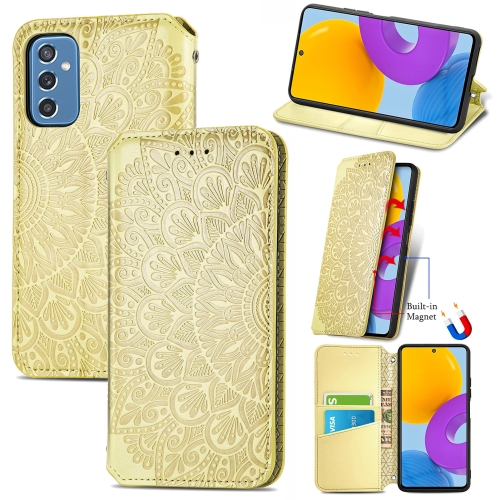 For Samsung Galaxy M52 5G Blooming Mandala Embossed Magnetic Horizontal Flip Leather Case with Holder & Card Slots & Wallet(Yellow)