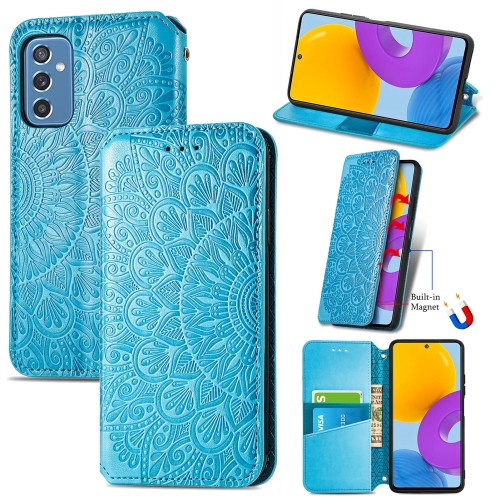 

For Samsung Galaxy M52 5G Blooming Mandala Embossed Magnetic Horizontal Flip Leather Case with Holder & Card Slots & Wallet(Blue)