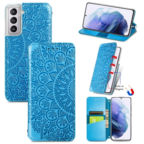 

For Samsung Galaxy S22 5G Blooming Mandala Embossed Magnetic Horizontal Flip Leather Case with Holder & Card Slots & Wallet(Blue)