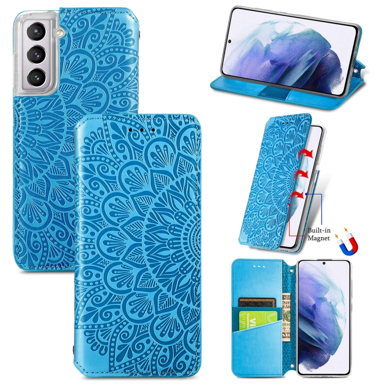 

For Samsung Galaxy S22+ 5G Blooming Mandala Embossed Magnetic Horizontal Flip Leather Case with Holder & Card Slots & Wallet(Blue)