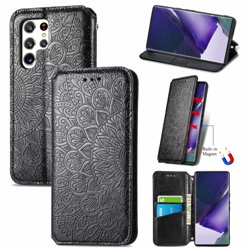 

For Samsung Galaxy S22 Ultra 5G Blooming Mandala Embossed Magnetic Horizontal Flip Leather Case with Holder & Card Slots & Wallet(Black)