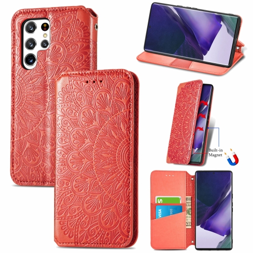 

For Samsung Galaxy S22 Ultra 5G Blooming Mandala Embossed Magnetic Horizontal Flip Leather Case with Holder & Card Slots & Wallet(Red)
