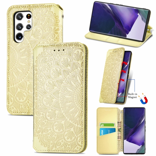 

For Samsung Galaxy S22 Ultra 5G Blooming Mandala Embossed Magnetic Horizontal Flip Leather Case with Holder & Card Slots & Wallet(Yellow)