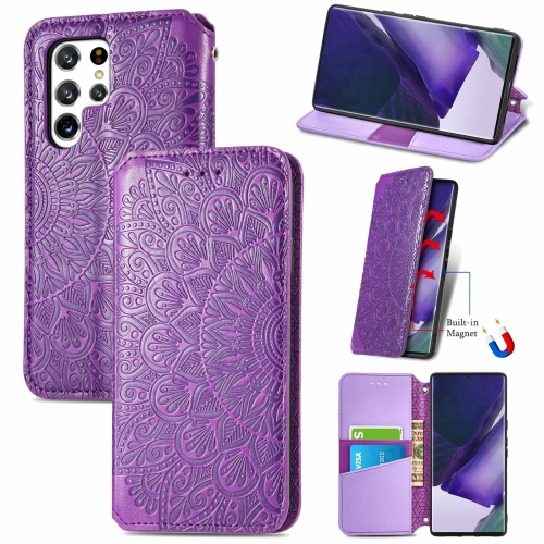 For Samsung Galaxy S22 Ultra 5G Blooming Mandala Embossed Magnetic Horizontal Flip Leather Case with Holder & Card Slots & Wallet(Purple)