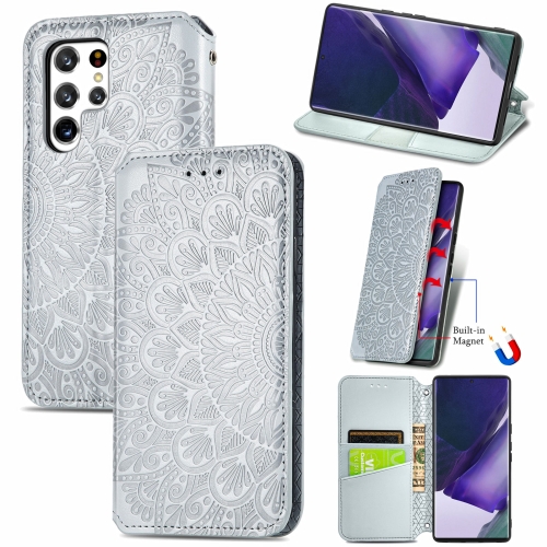 

For Samsung Galaxy S22 Ultra 5G Blooming Mandala Embossed Magnetic Horizontal Flip Leather Case with Holder & Card Slots & Wallet(Silver)