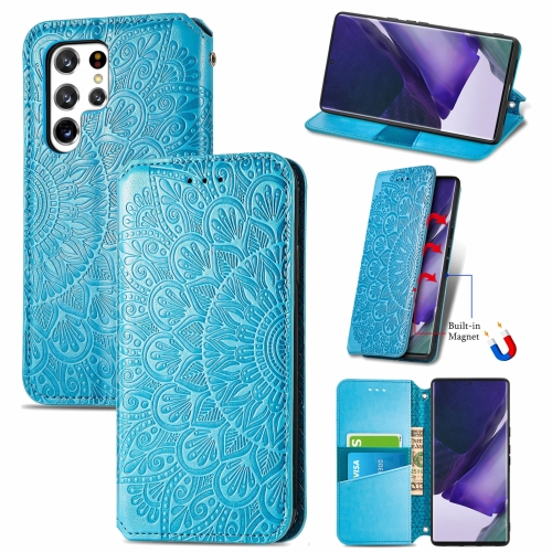 For Samsung Galaxy S22 Ultra 5G Blooming Mandala Embossed Magnetic Horizontal Flip Leather Case with Holder & Card Slots & Wallet(Blue)