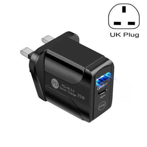 PD25W USB-C / Type-C + QC3.0 USB Dual Ports Fast Charger, UK Plug(Black)