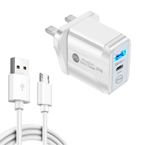 

PD25W USB-C / Type-C + QC3.0 USB Dual Ports Fast Charger with USB to Micro USB Data Cable, UK Plug(White)