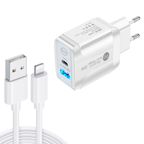 

PD25W USB-C / Type-C + QC3.0 USB Dual Ports Fast Charger with USB to 8 Pin Data Cable, EU Plug(White)