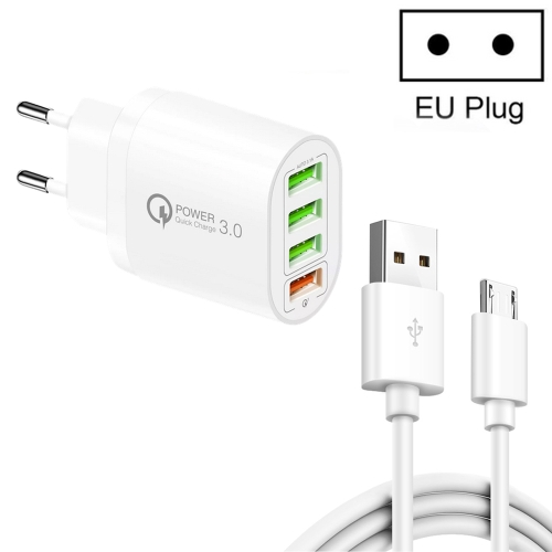 

QC-04 QC3.0 + 3 x USB2.0 Multi-ports Charger with 3A USB to Micro USB Data Cable, EU Plug(White)