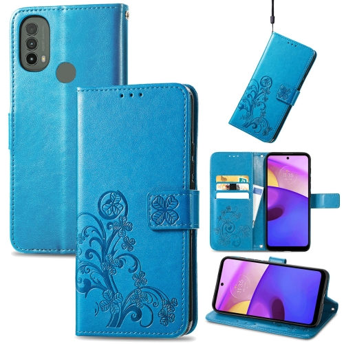 

For Motorola Moto E40 Four-leaf Clasp Embossed Leather Case with Lanyard & Card Slot & Wallet & Holder(Blue)