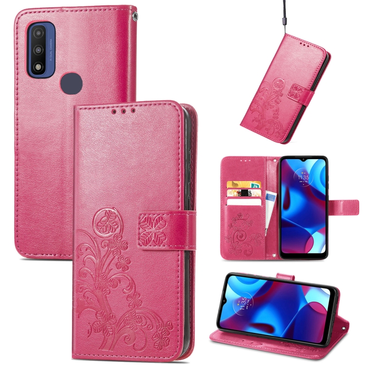 

For Motorola Moto G Pure Four-leaf Clasp Embossed Leather Case with Lanyard & Card Slot & Wallet & Holder(Rose Red)
