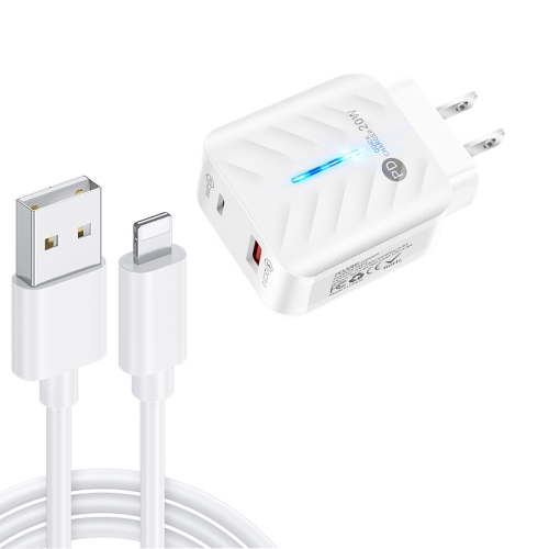 

PD03 20W PD3.0 + QC3.0 USB Charger with USB to 8 Pin Data Cable, US Plug(White)