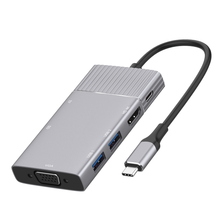 

8 in 1 Type-C to HDMI + Type-C + USB x 2 + VGA + SD + TF + 3.5mm HUB Adapter
