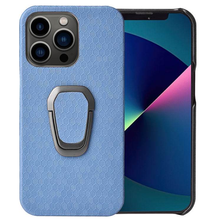 

Ring Holder Honeycomb PU Phone Case For iPhone 13 Pro(Baby Blue)