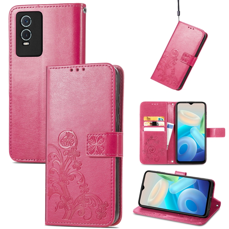

For Vivo Y76s Four-leaf Clasp Embossed Leather Phone Case(Magenta)