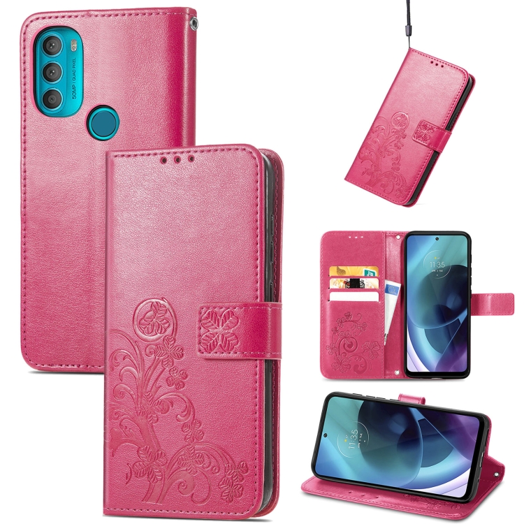 

For Motorola Moto G71 5G Four-leaf Clasp Embossed Buckle Leather Phone Case(Magenta)