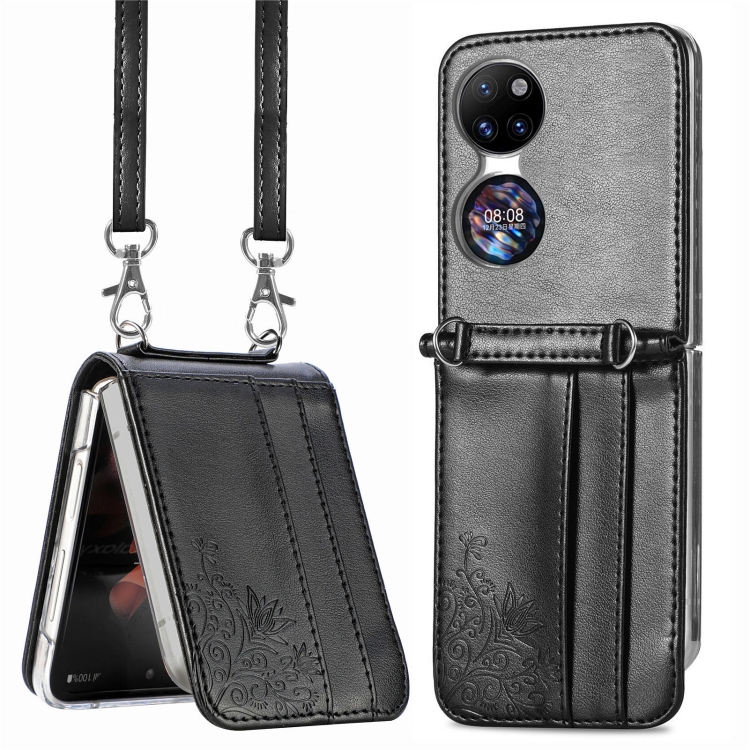 

For Huawei P50 Pocket Diagonal Embossed Card Folding Phone Case(Black)