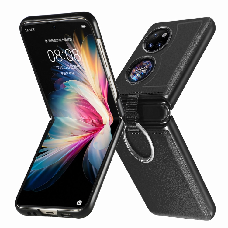

For Huawei P50 Pocket Litchi Pattern Ring Buckle Folding Phone Case(Black)