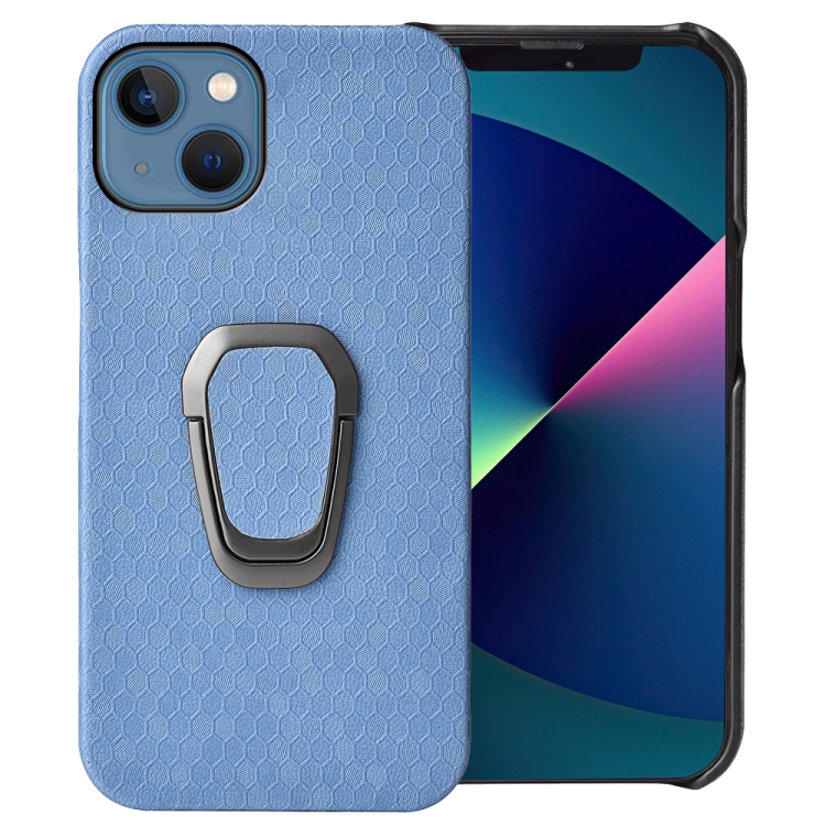 

Ring Holder Honeycomb PU Phone Case For iPhone 13 mini(Wathet)
