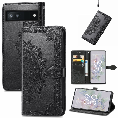 

For Google Pixel 6a Mandala Flower Embossed Flip Leather Phone Case(Black)