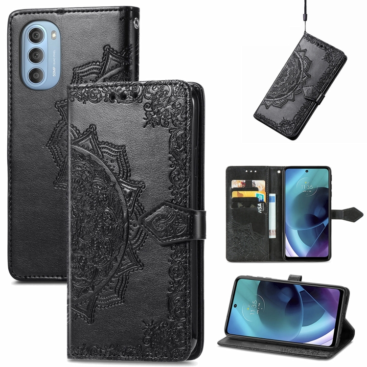 

For Motorola Moto G51 Mandala Flower Embossed Flip Leather Phone Case(Black)