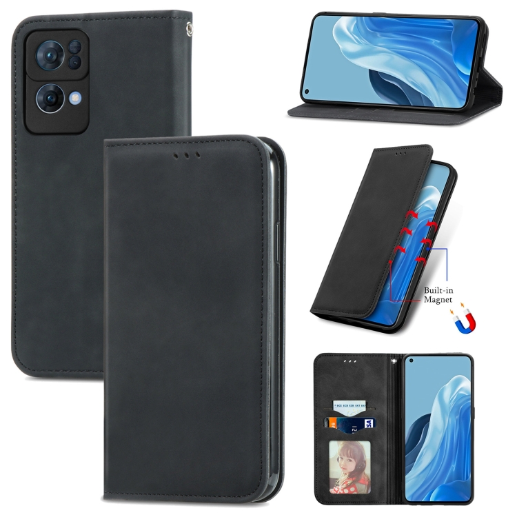

For OPPO Reno7 Pro 5G Retro Skin Feel Magnetic Flip Leather Case(Black)