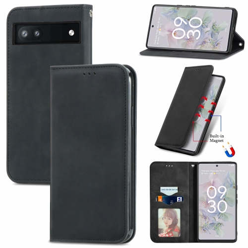 

For Google Pixel 6a Retro Skin Feel Magnetic Horizontal Flip Leather Phone Case(Black)