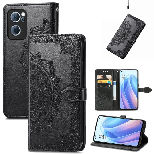

For OPPO Reno7 5G Mandala Flower Embossed Flip Leather Phone Case(Black)