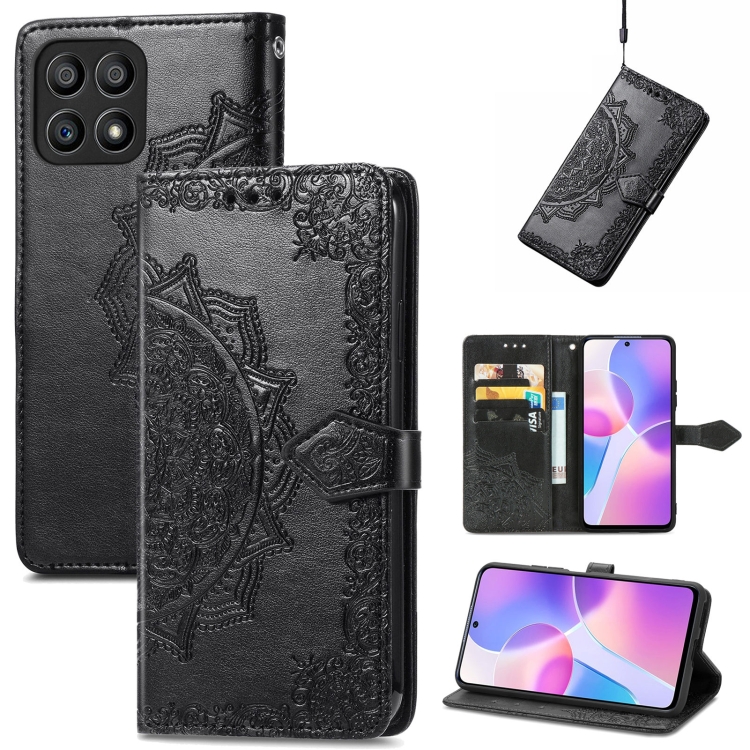 

For Honor X30i Mandala Flower Embossed Flip Leather Phone Case(Black)