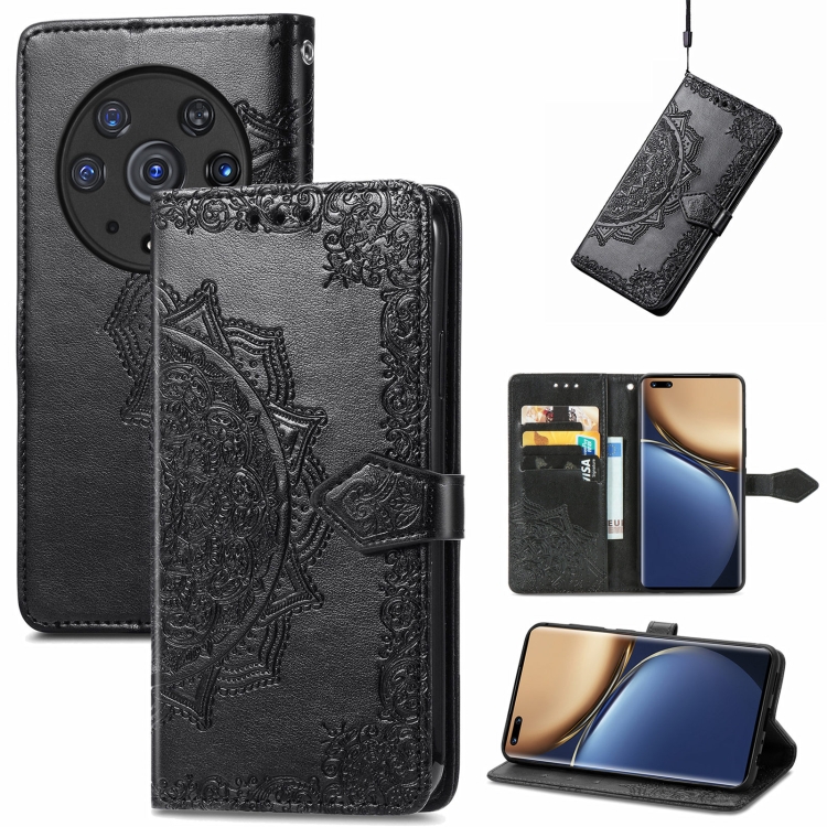 

For Honor Magic3 Pro Mandala Flower Embossed Flip Leather Phone Case(Black)