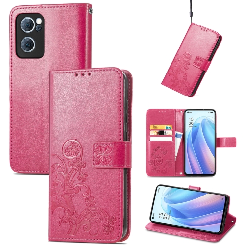 

For OPPO Reno7 5G Four-leaf Clasp Embossed Buckle Leather Phone Case(Magenta)