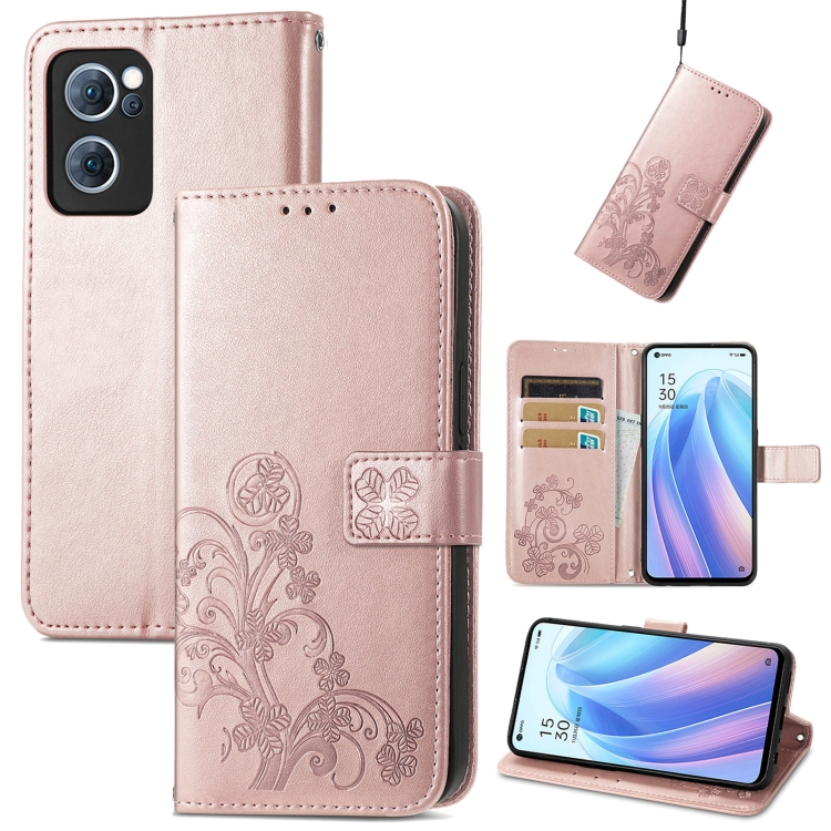 

For OPPO Reno7 5G Four-leaf Clasp Embossed Buckle Leather Phone Case(Rose Gold)
