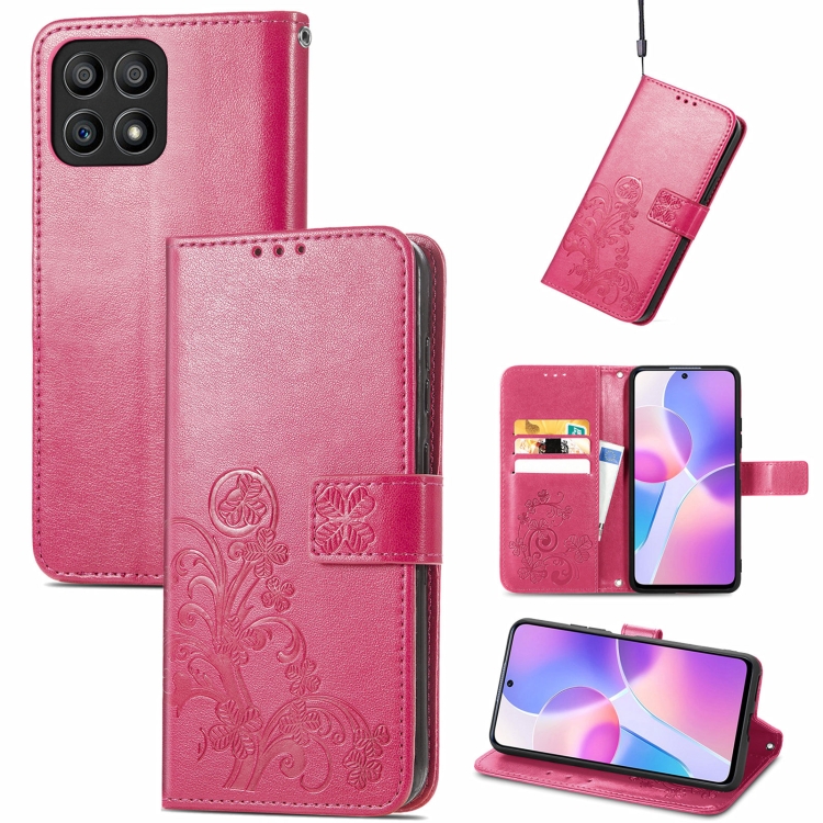 

For Honor X30i Four-leaf Clasp Embossed Buckle Leather Phone Case(Magenta)