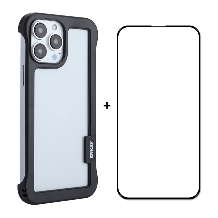 

ENKAY Frameless Hollow PC Case + Glass Film for iPhone 13 Pro Max(Black)