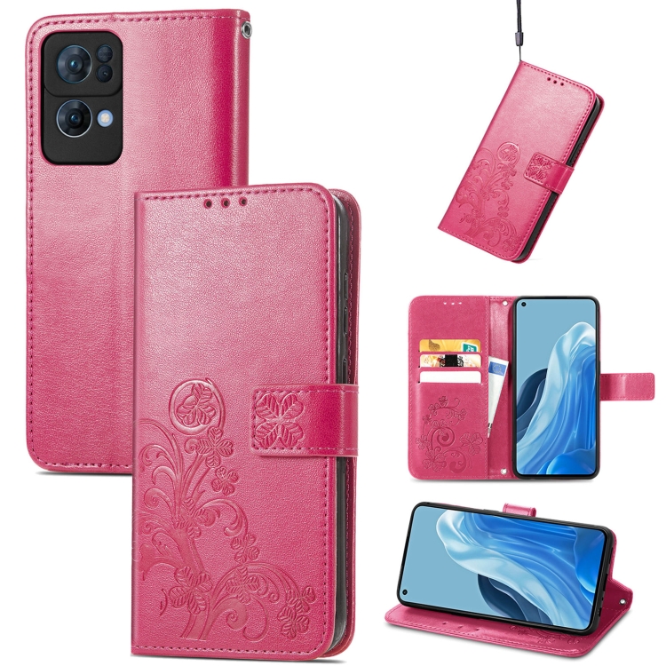 

For OPPO Reno7 Pro 5G Four-leaf Clasp Embossed Buckle Leather Phone Case(Magenta)