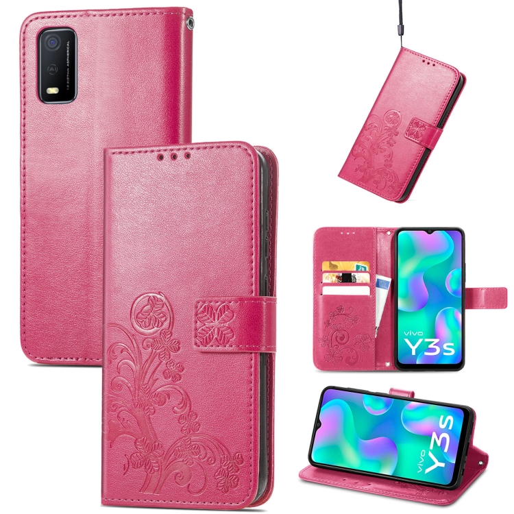 

For vivo Y3s 2021 Four-leaf Clasp Embossed Buckle Leather Phone Case(Magenta)