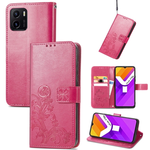 

For vivo Y15S Four-leaf Clasp Embossed Buckle Leather Phone Case(Magenta)