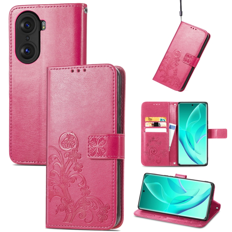 

For Honor 60 Pro Four-leaf Clasp Embossed Buckle Leather Phone Case(Magenta)