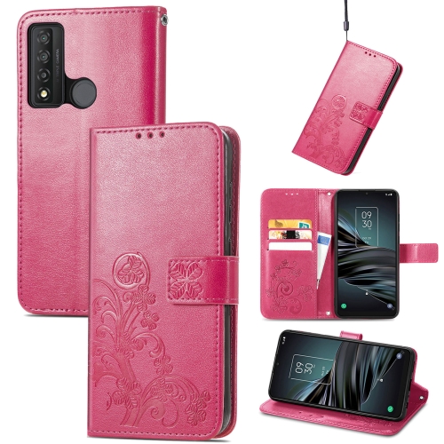 

For TCL 20 XE Four-leaf Clasp Embossed Buckle Mobile Phone Leather Case(Magenta)