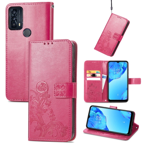 

For TCL 20B Four-leaf Clasp Embossed Buckle Mobile Phone Leather Case(Magenta)