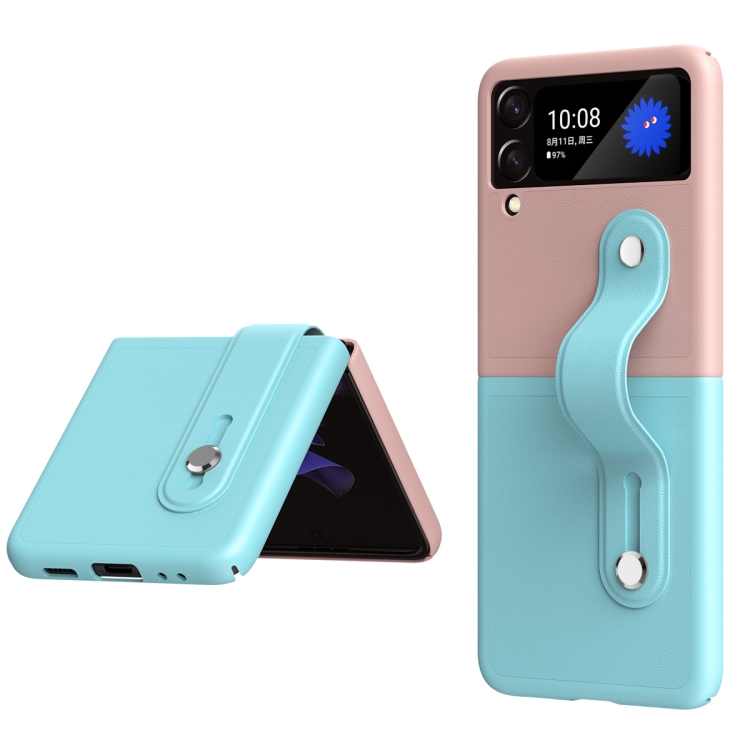 

For Samsung Galaxy Z Flip3 5G Skin Contrast Wristband Folding Phone Case(Ice Blue + Pink)