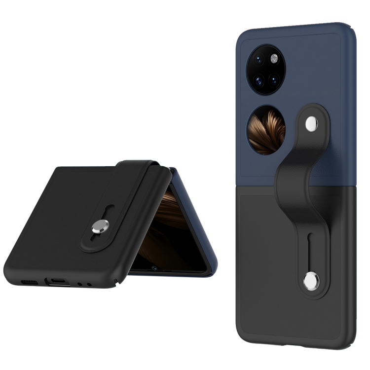 

For Huawei P50 Pocket Skin Contrast Wristband Holder Folding Phone Case(Dark Blue + Black)