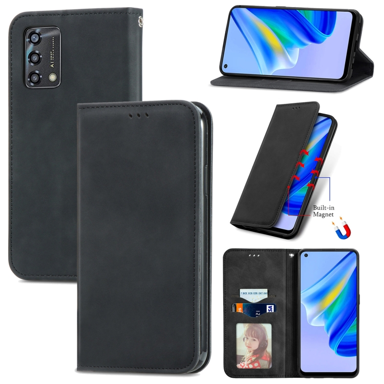 

For OPPO A95 4G Retro Skin Feel Magnetic Horizontal Flip Leather Phone Case(Black)