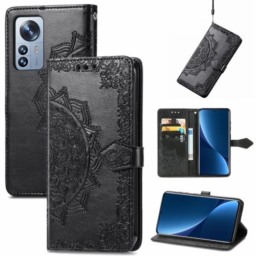 

For Xiaomi 12 Pro Mandala Flower Embossed Horizontal Flip Leather Phone Case(Black)