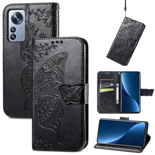 

For Xiaomi 12 Pro Butterfly Love Flower Embossed Leather Phone Case(Black)